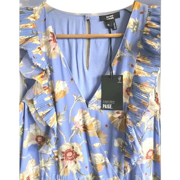 Paige Barbarella Silk Dress Women's XS Blue Floral Tiered Ruffle Sleeves NWT - Picture 2 of 13